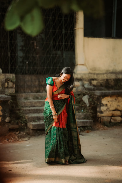 Pure Mysore Silk Crepe - Red with Green Half &amp; Half Pattern