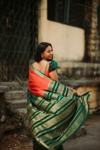 Pure Mysore Silk Crepe - Red with Green Half &amp; Half Pattern