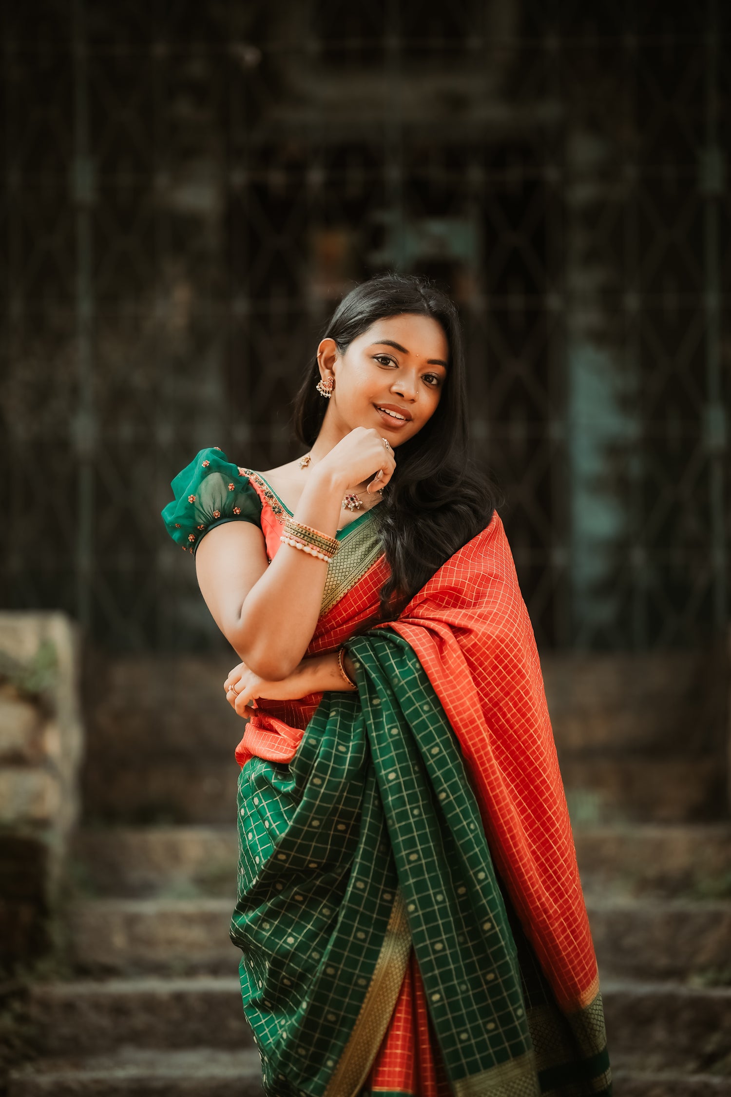 Pure Mysore Silk Crepe - Red with Green Half &amp; Half Pattern