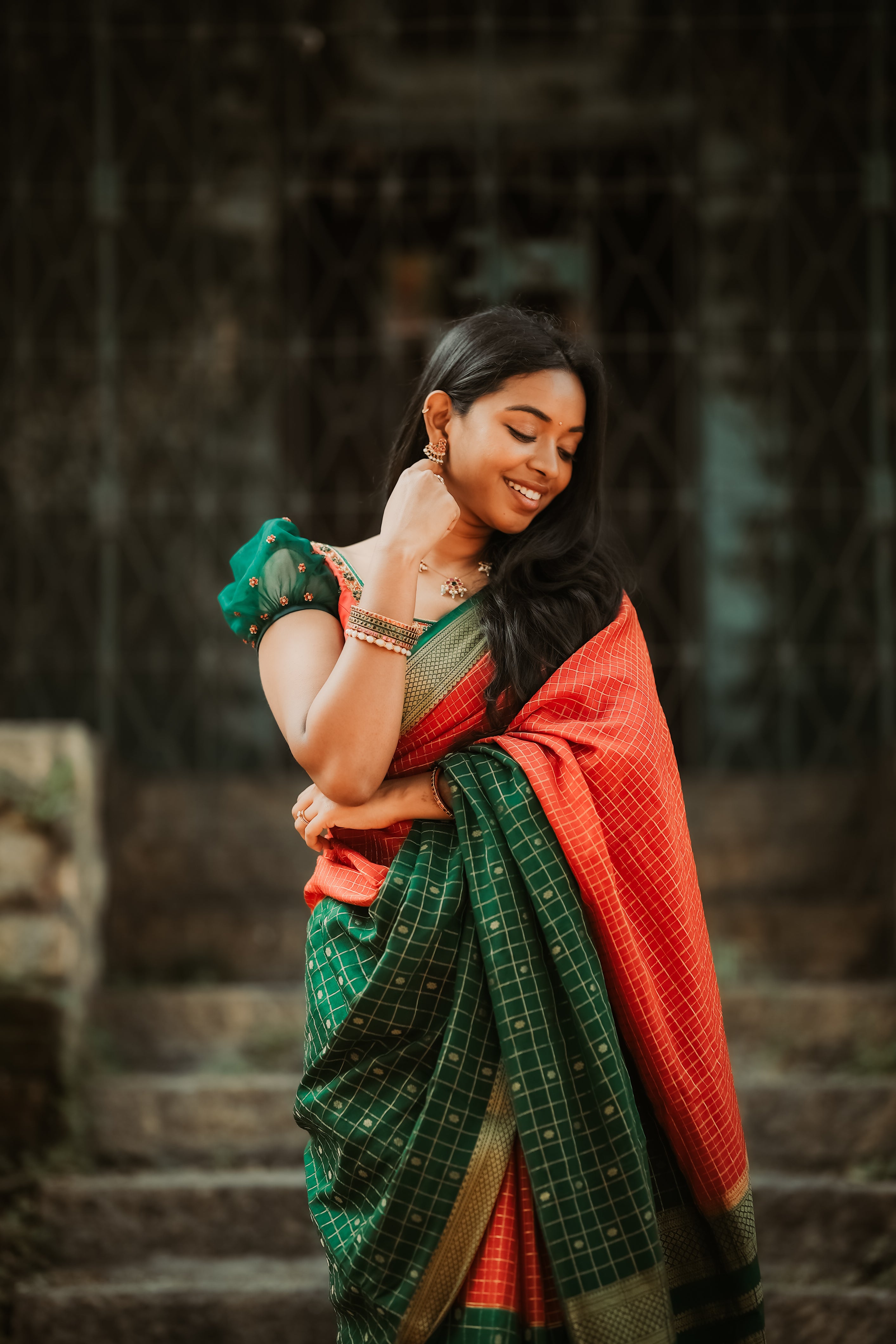 Pure Mysore Silk Crepe - Red with Green Half &amp; Half Pattern