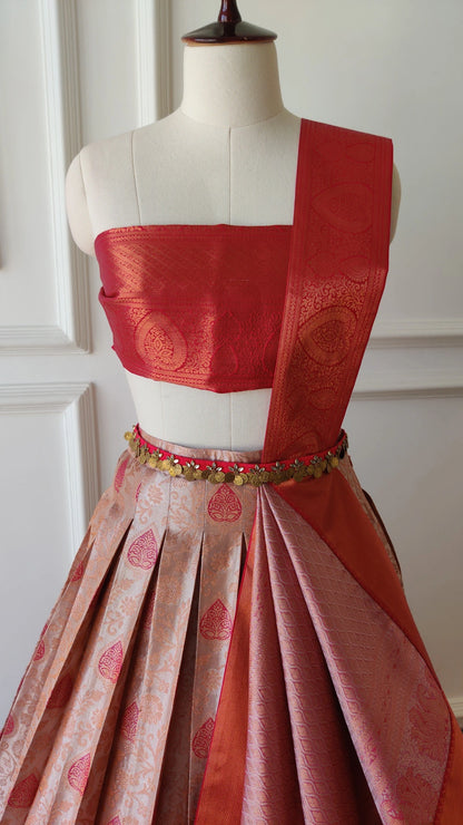 Pinkish Grey &amp; Red Pre-Draped Lehanga Set