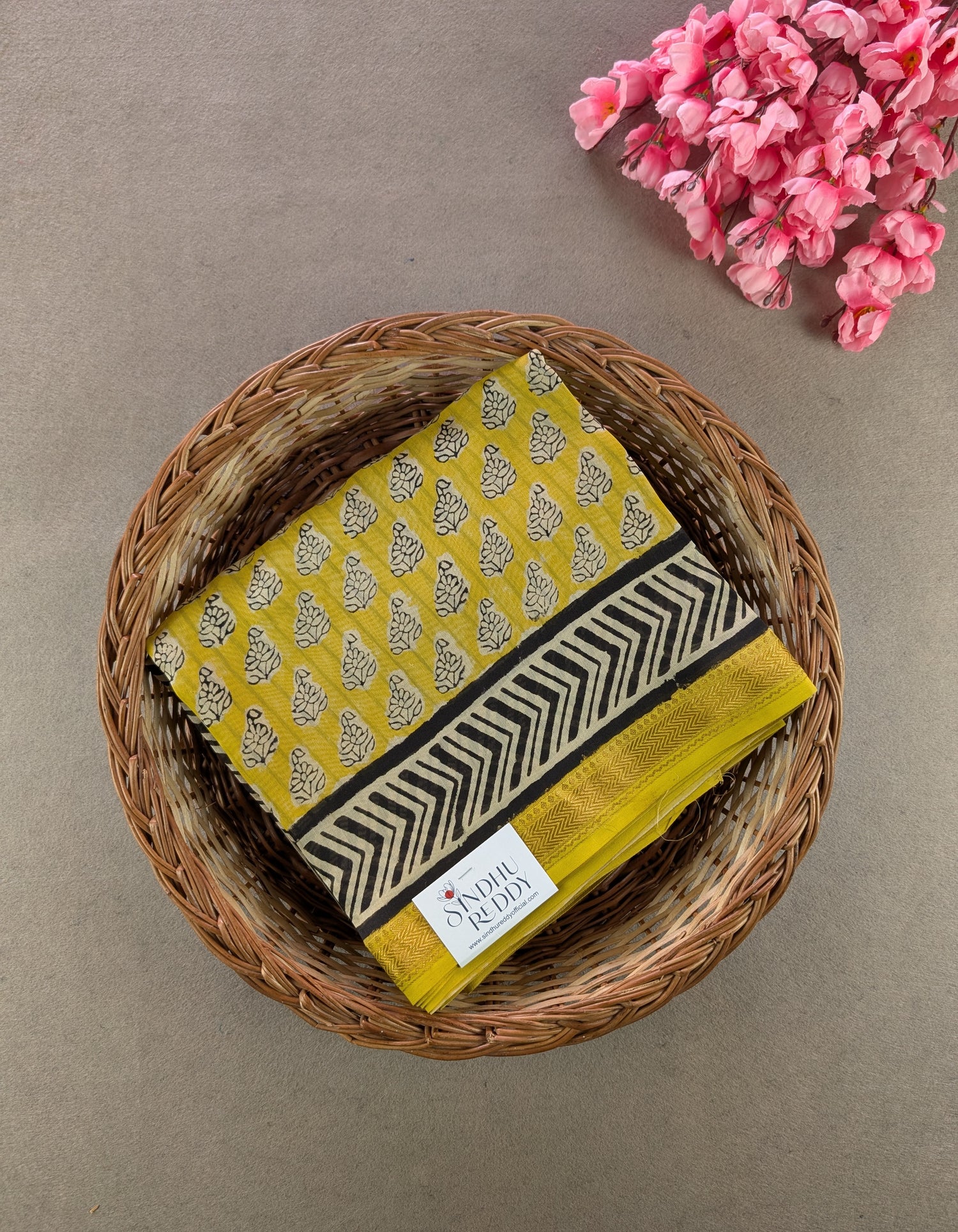 Hand Block Printed Maheshwari Silk - Yellow w/t Black