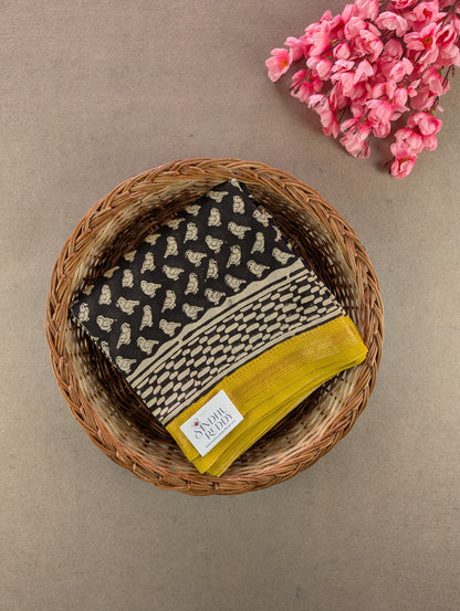 Hand Block Printed Maheshwari Silk - Black w/t Yellow