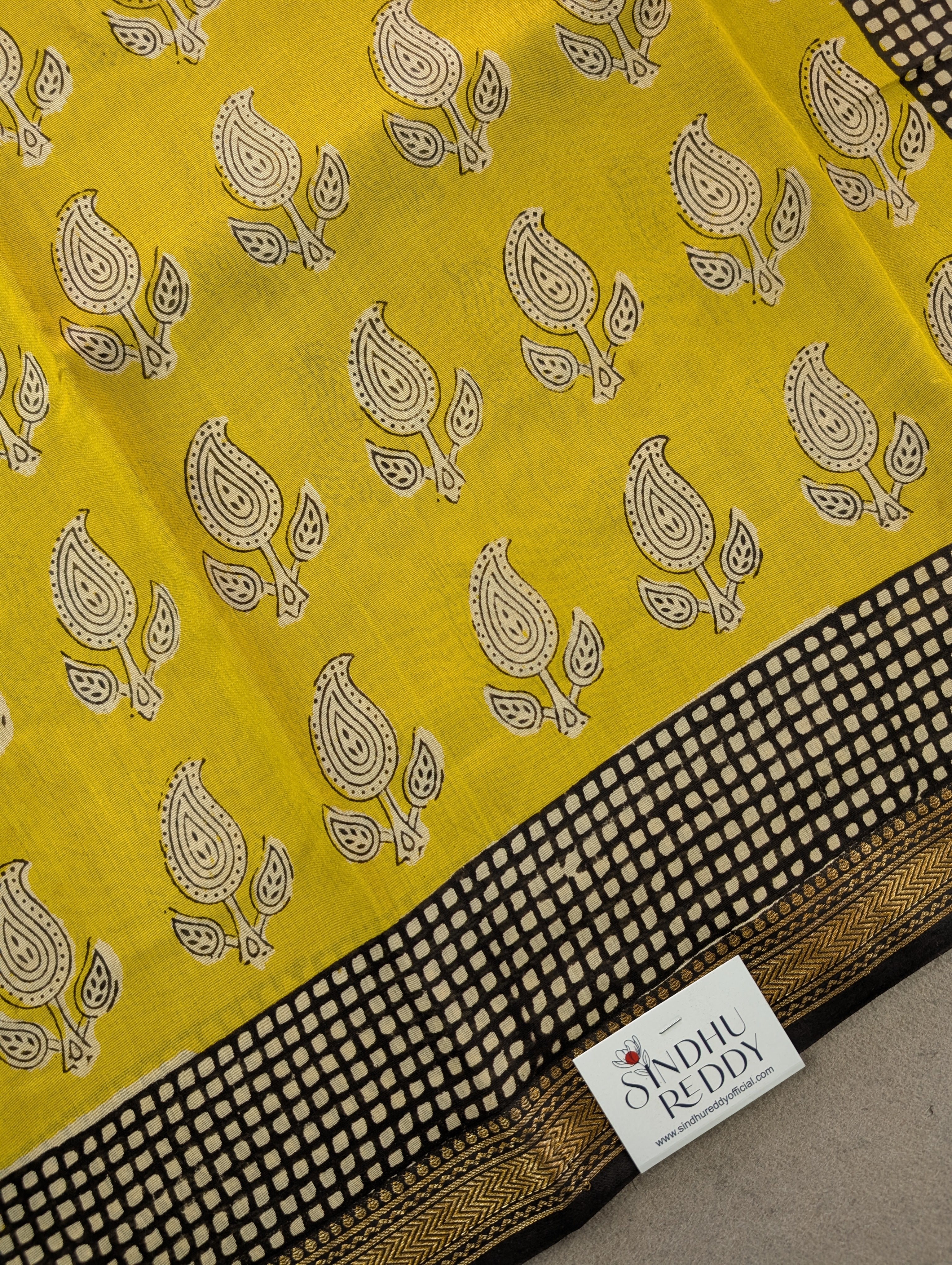 Hand Block Printed Maheshwari Silk - Yellow w/t Black