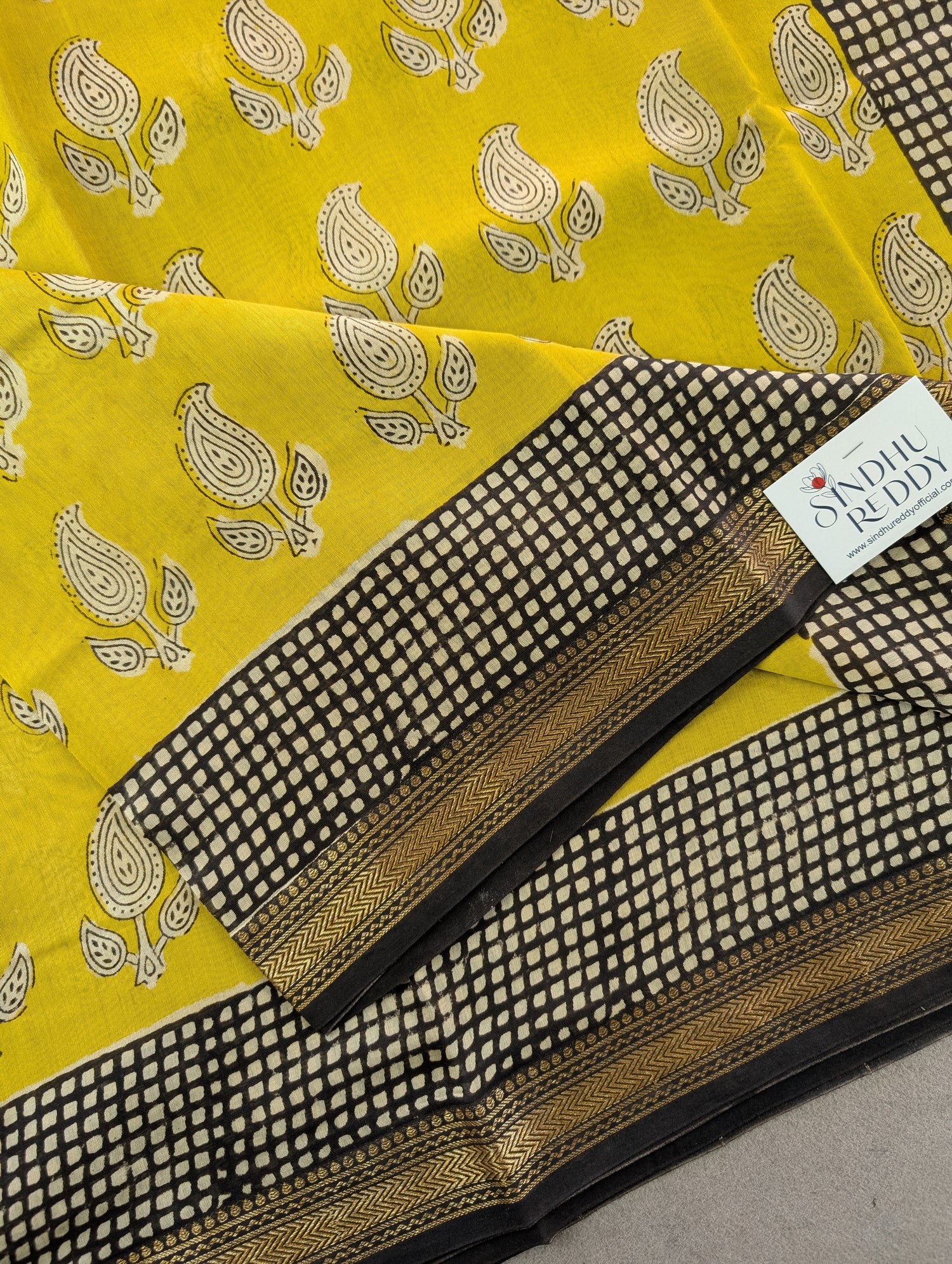 Hand Block Printed Maheshwari Silk - Yellow w/t Black