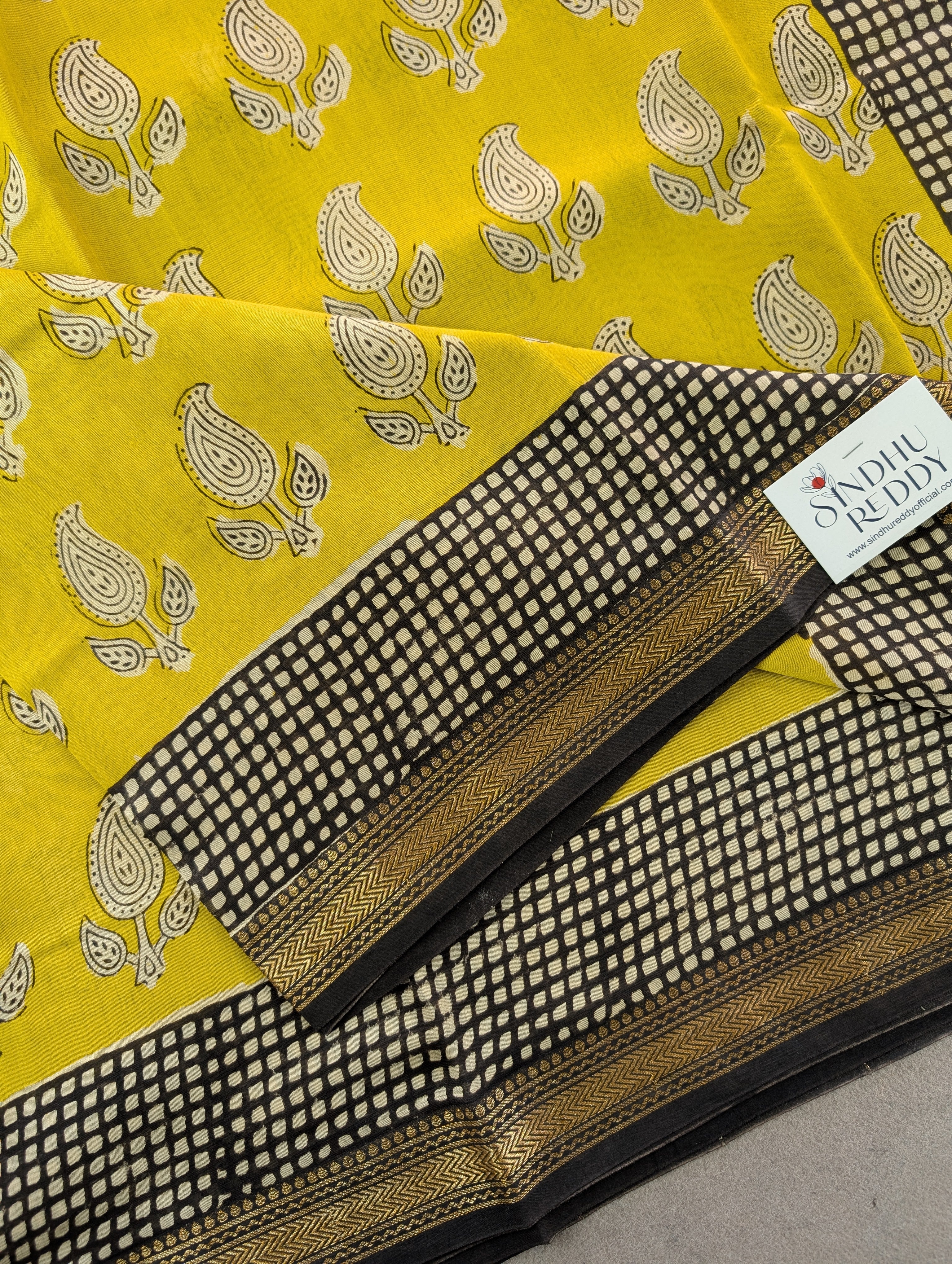 Hand Block Printed Maheshwari Silk - Yellow w/t Black