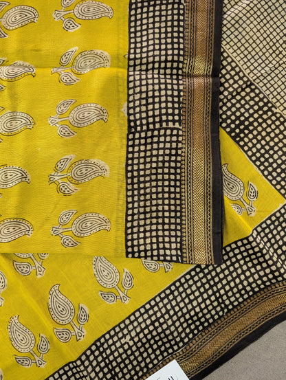 Hand Block Printed Maheshwari Silk - Yellow w/t Black