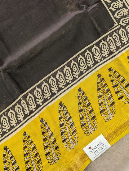 Hand Block Printed Maheshwari Silk - Black w/t Yellow