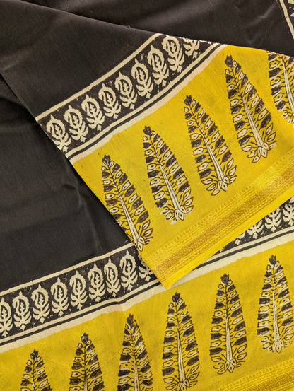 Hand Block Printed Maheshwari Silk - Black w/t Yellow