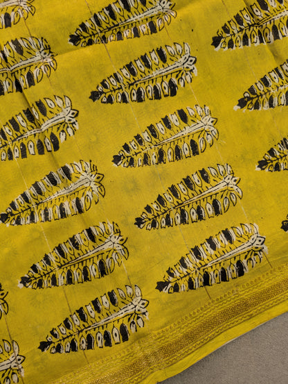 Hand Block Printed Maheshwari Silk - Black w/t Yellow