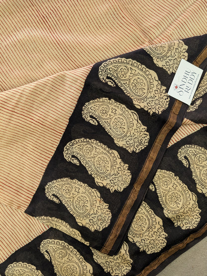 Hand Block Printed Maheshwari Silk - Beige w/t Black