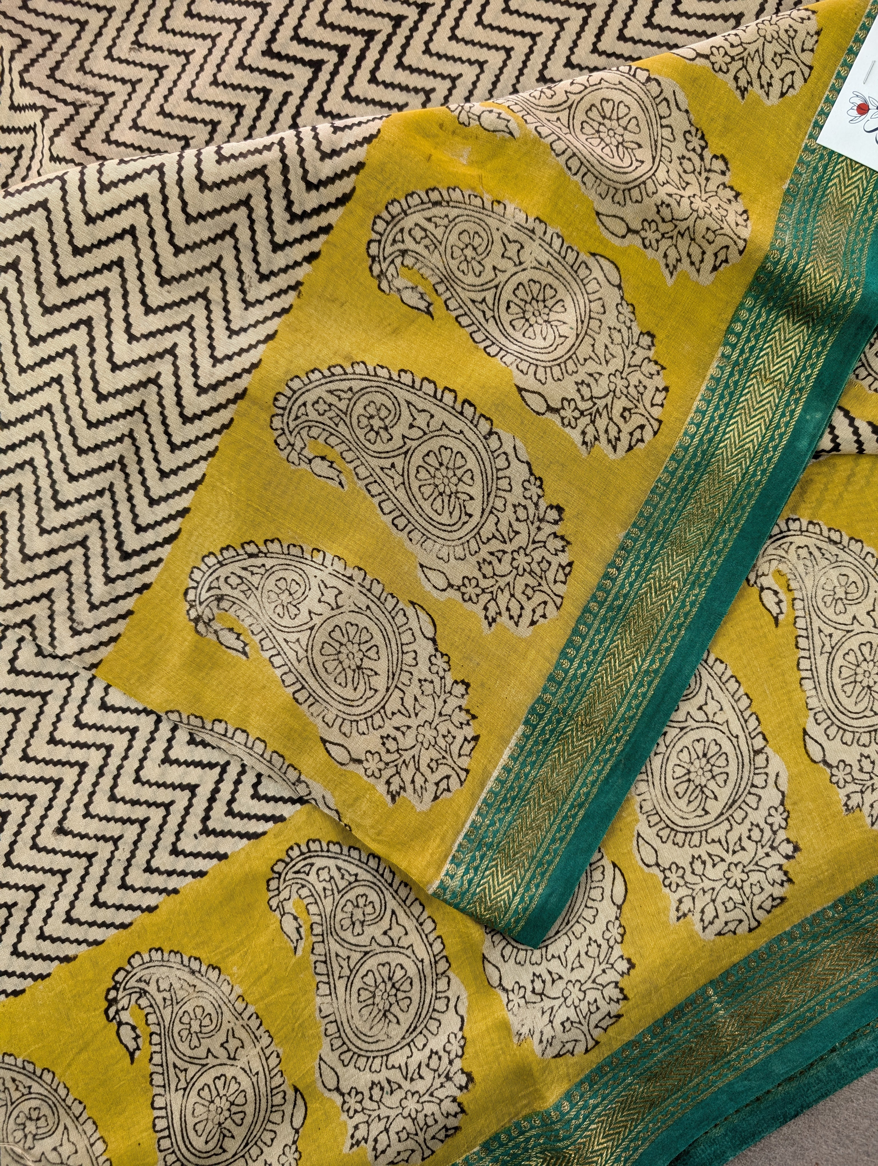 Hand Block Printed Maheshwari Silk - Black w/t Yellow