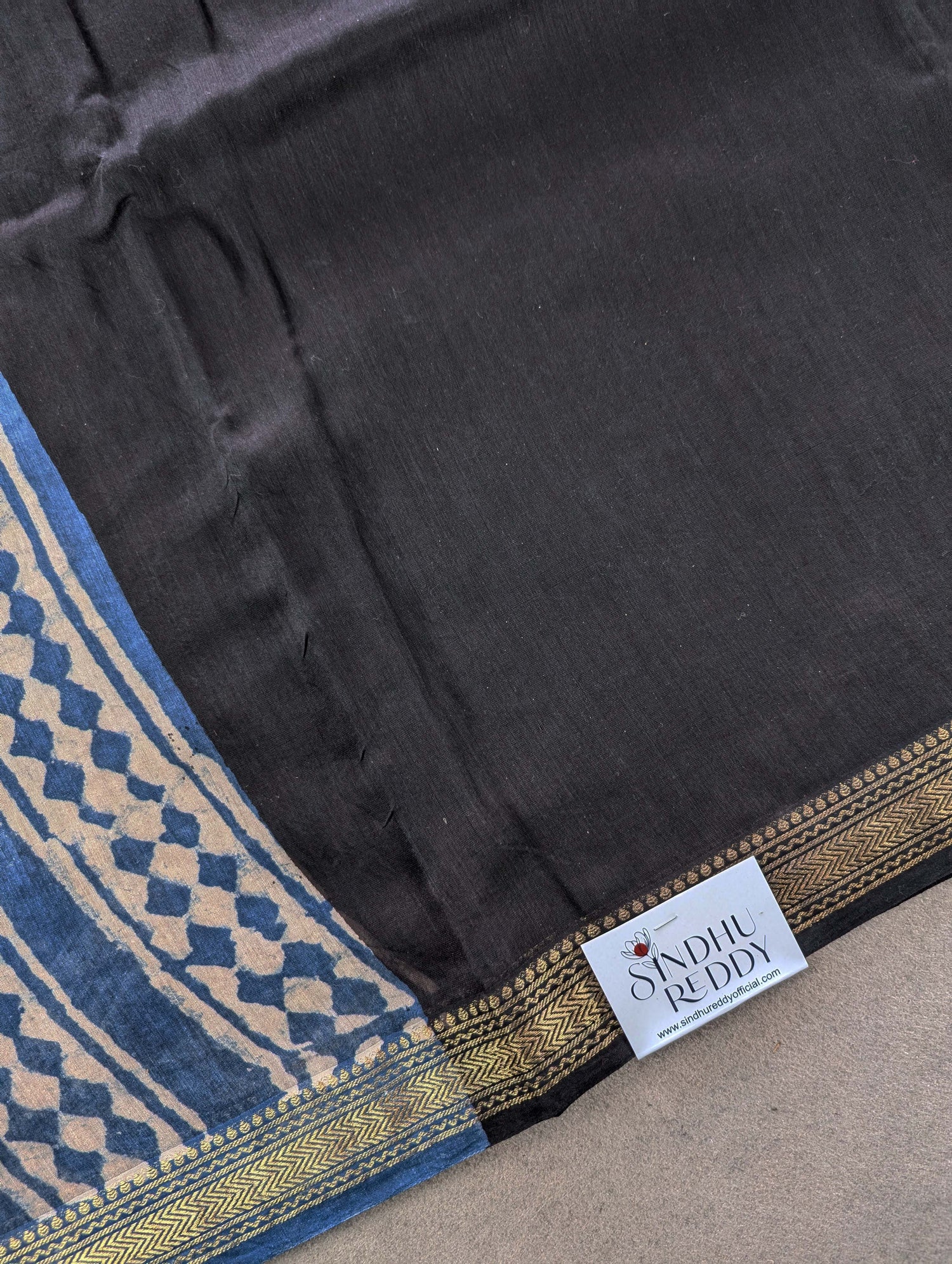 Hand Block Printed Maheshwari Silk - Black w/t Blue