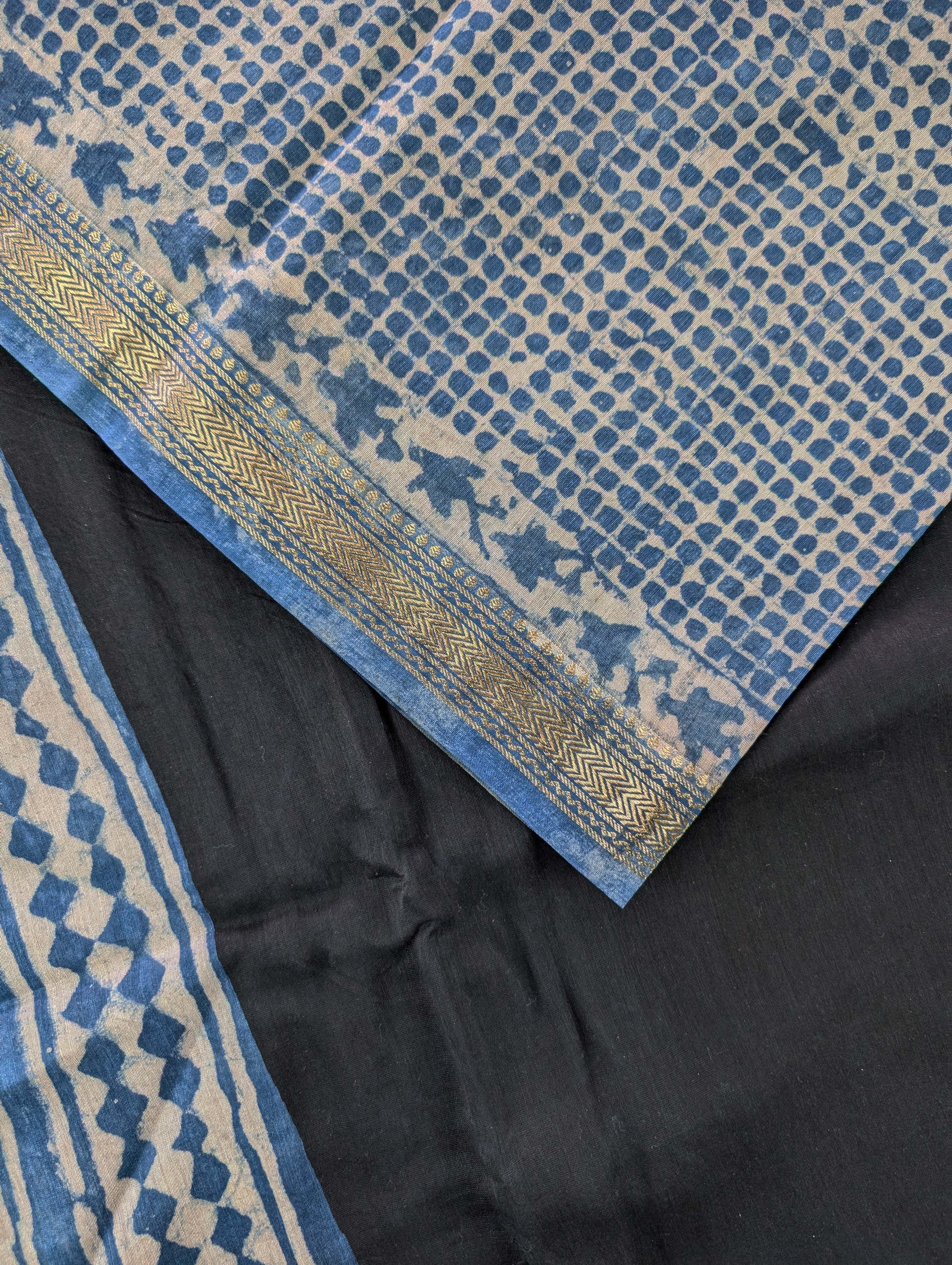 Hand Block Printed Maheshwari Silk - Black w/t Blue