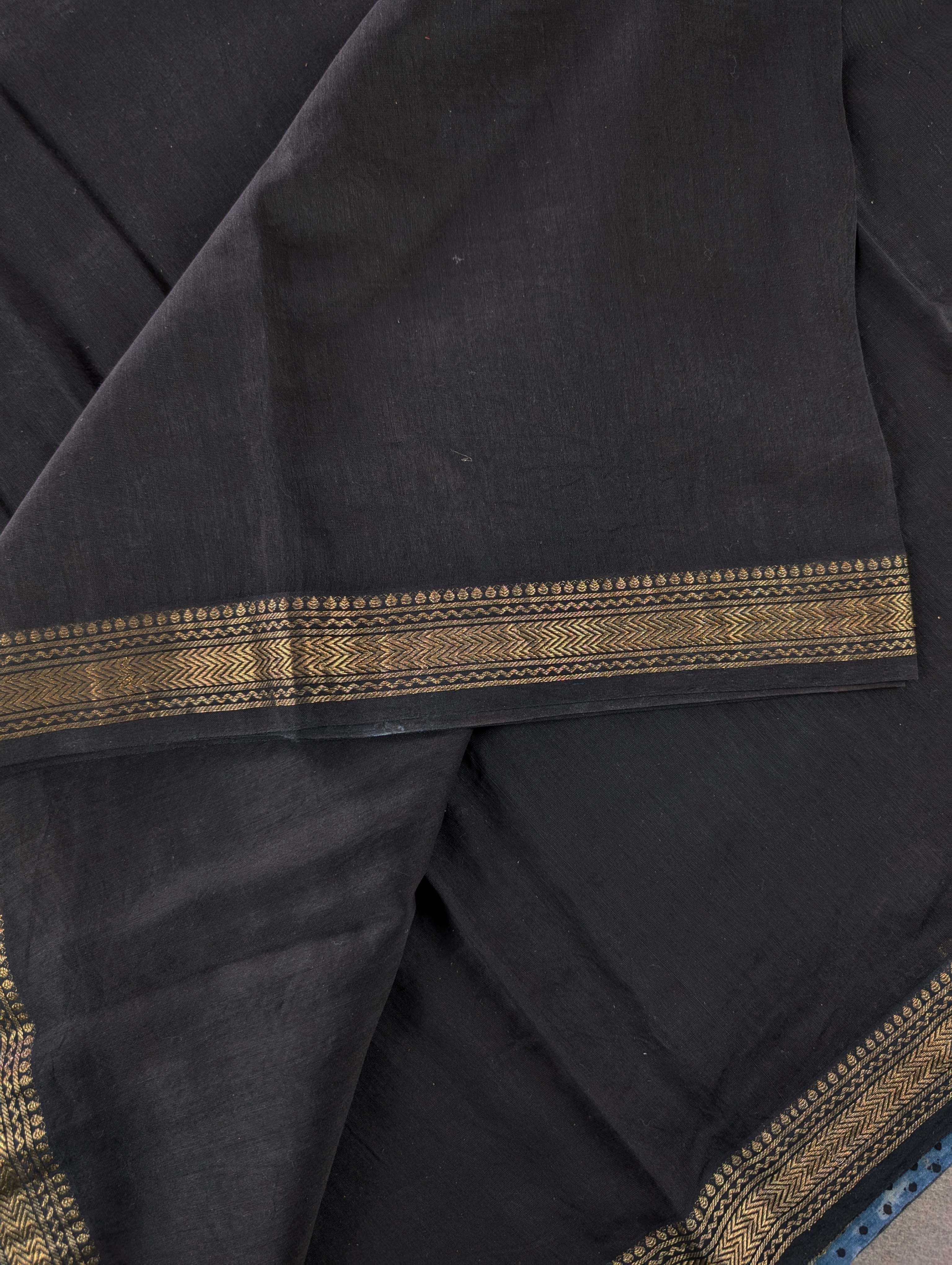 Hand Block Printed Maheshwari Silk - Black w/t Blue