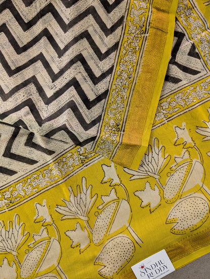 Hand Block Printed Maheshwari Silk - Black w/t Yellow