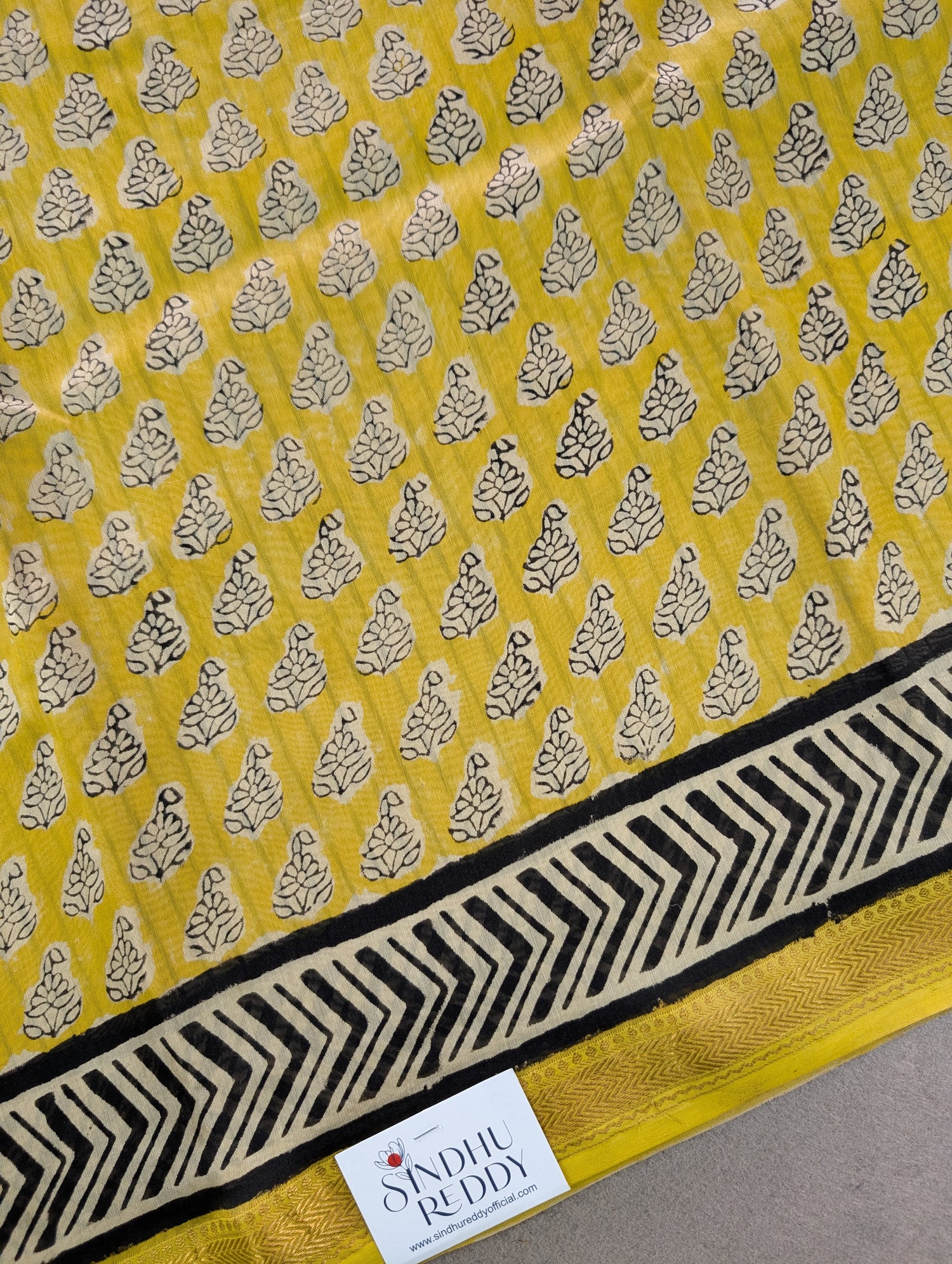 Hand Block Printed Maheshwari Silk - Yellow w/t Black