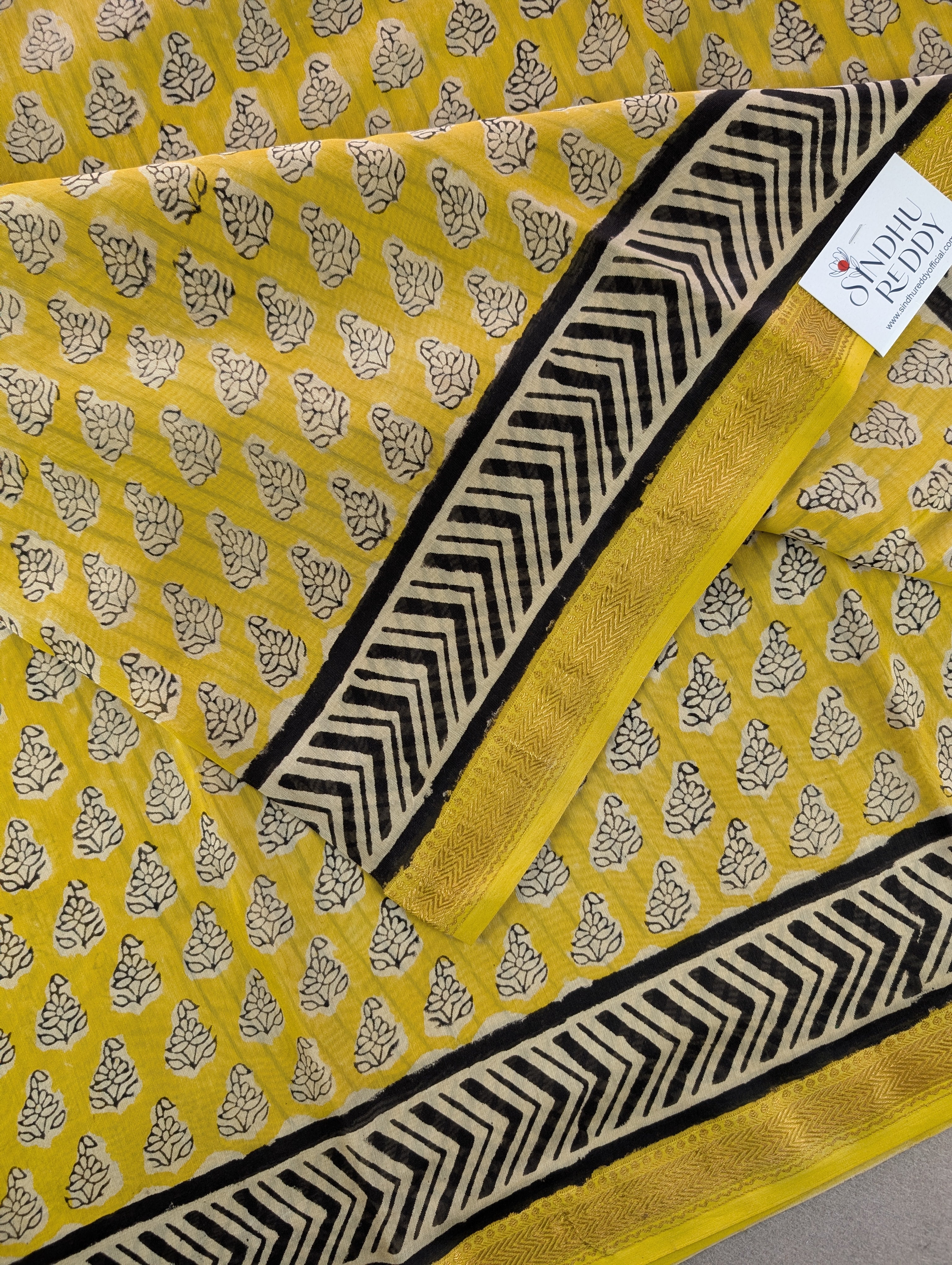 Hand Block Printed Maheshwari Silk - Yellow w/t Black