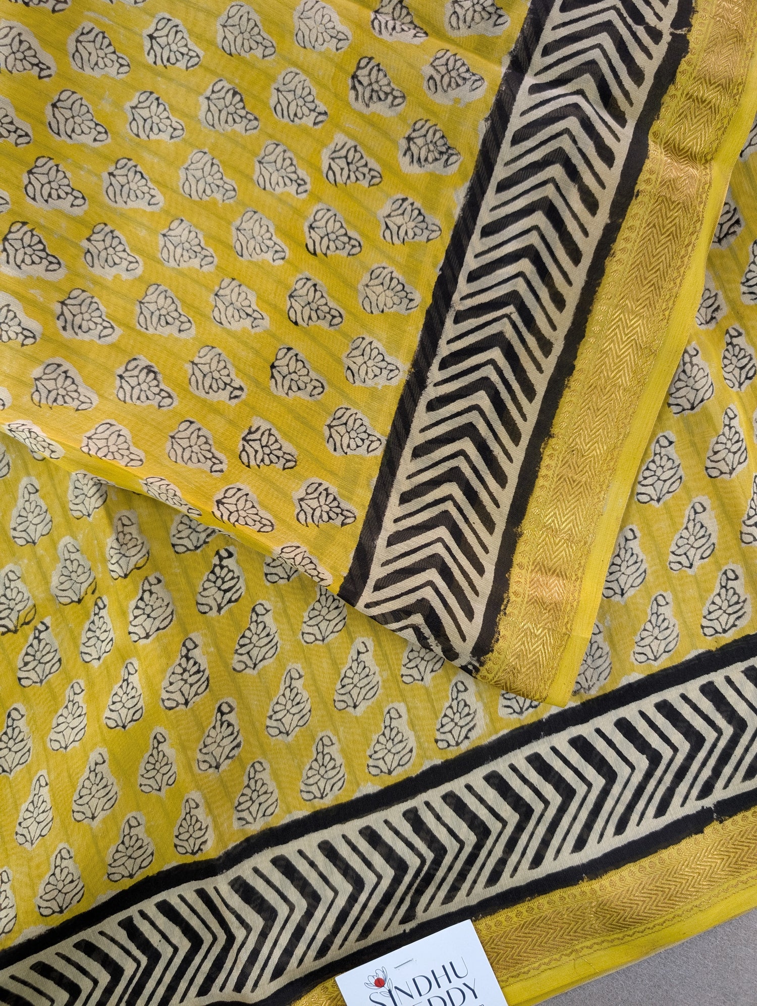 Hand Block Printed Maheshwari Silk - Yellow w/t Black