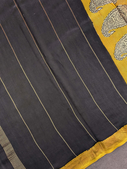 Hand Block Printed Maheshwari Silk - Yellow w/t Black