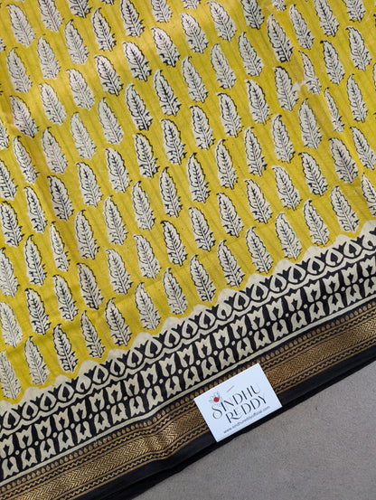 Hand Block Printed Maheshwari Silk - Yellow w/t Black