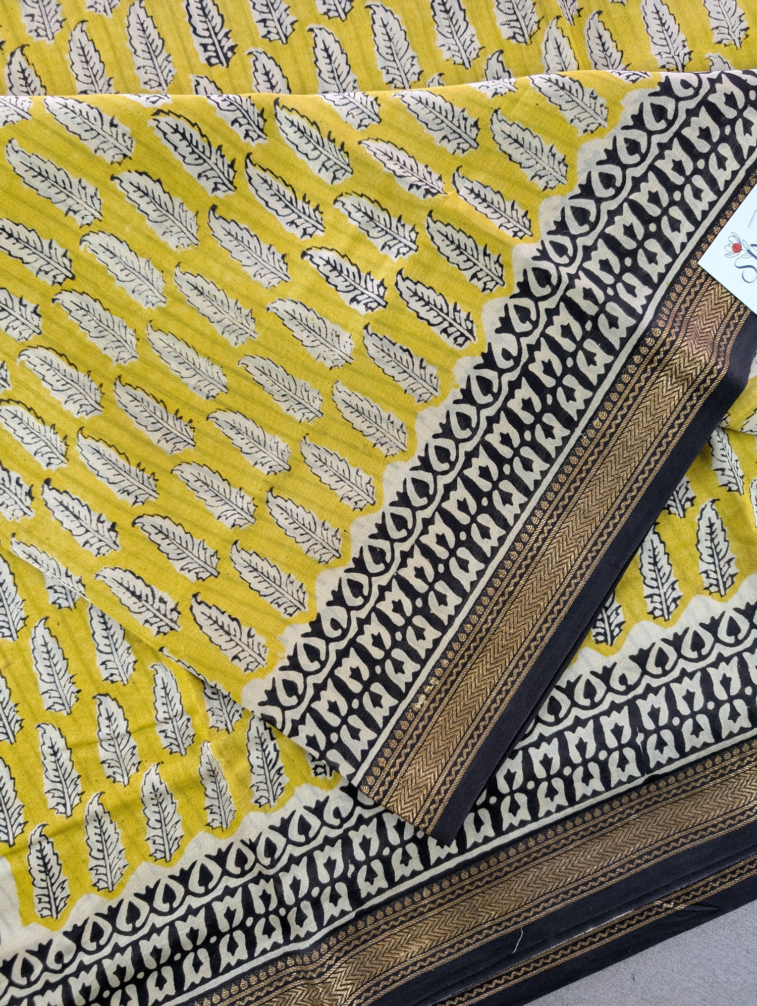 Hand Block Printed Maheshwari Silk - Yellow w/t Black