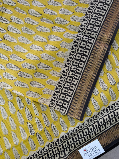 Hand Block Printed Maheshwari Silk - Yellow w/t Black