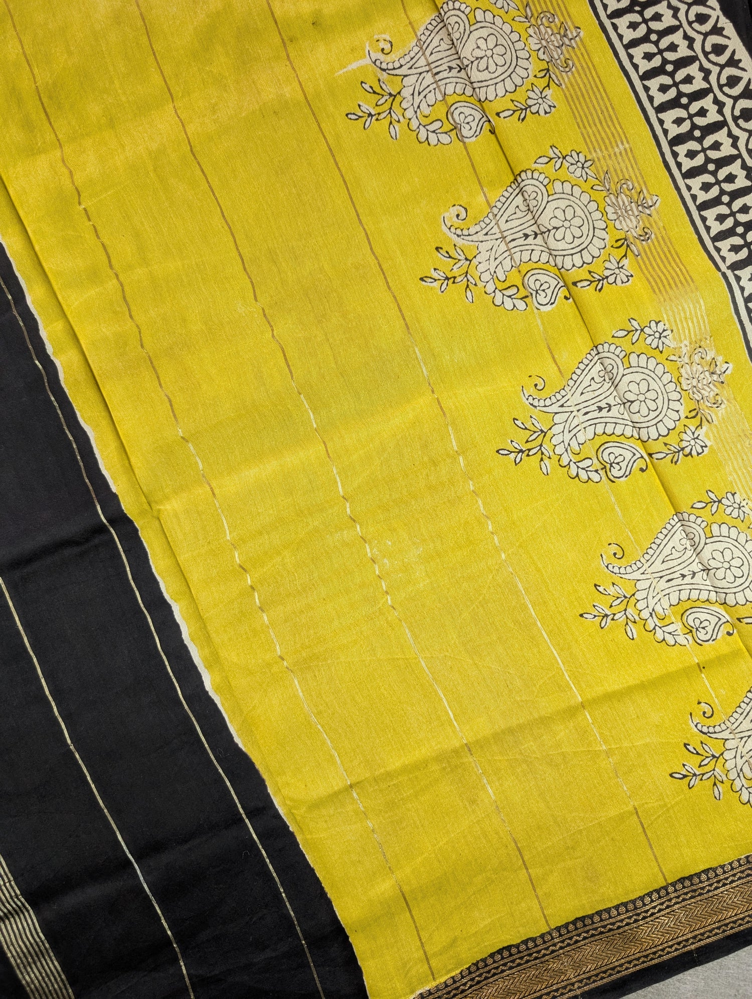 Hand Block Printed Maheshwari Silk - Yellow w/t Black