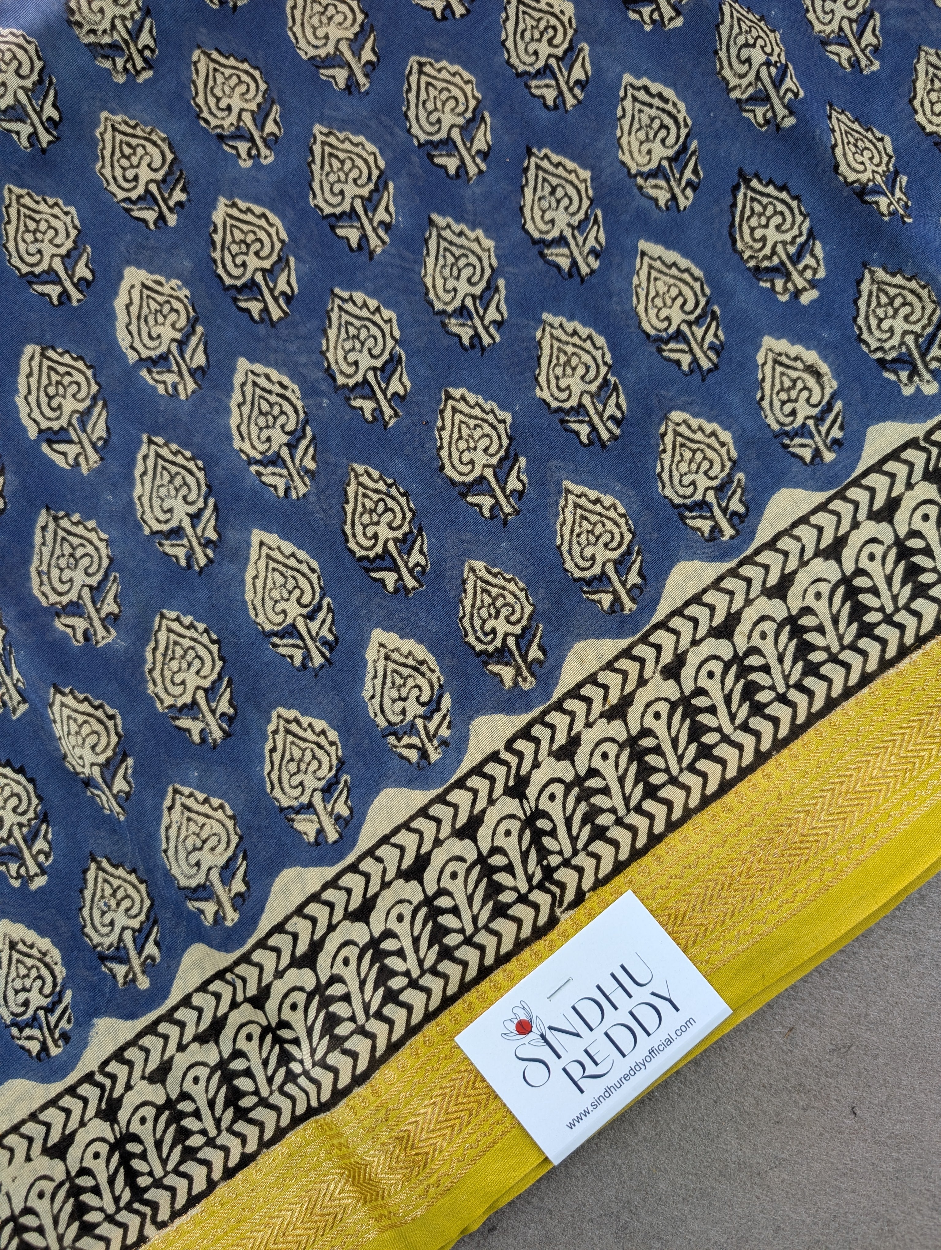 Hand Block Printed Maheshwari Silk - Blue w/t Yellow