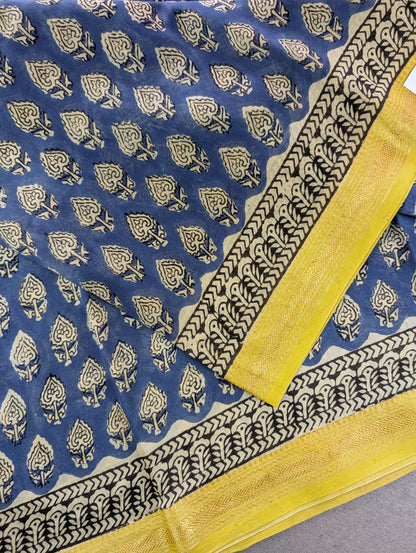 Hand Block Printed Maheshwari Silk - Blue w/t Yellow