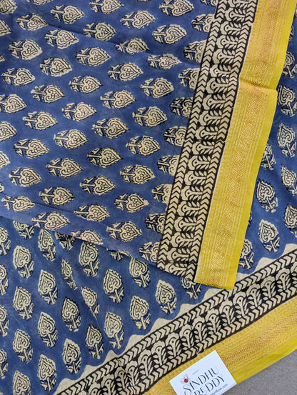 Hand Block Printed Maheshwari Silk - Blue w/t Yellow