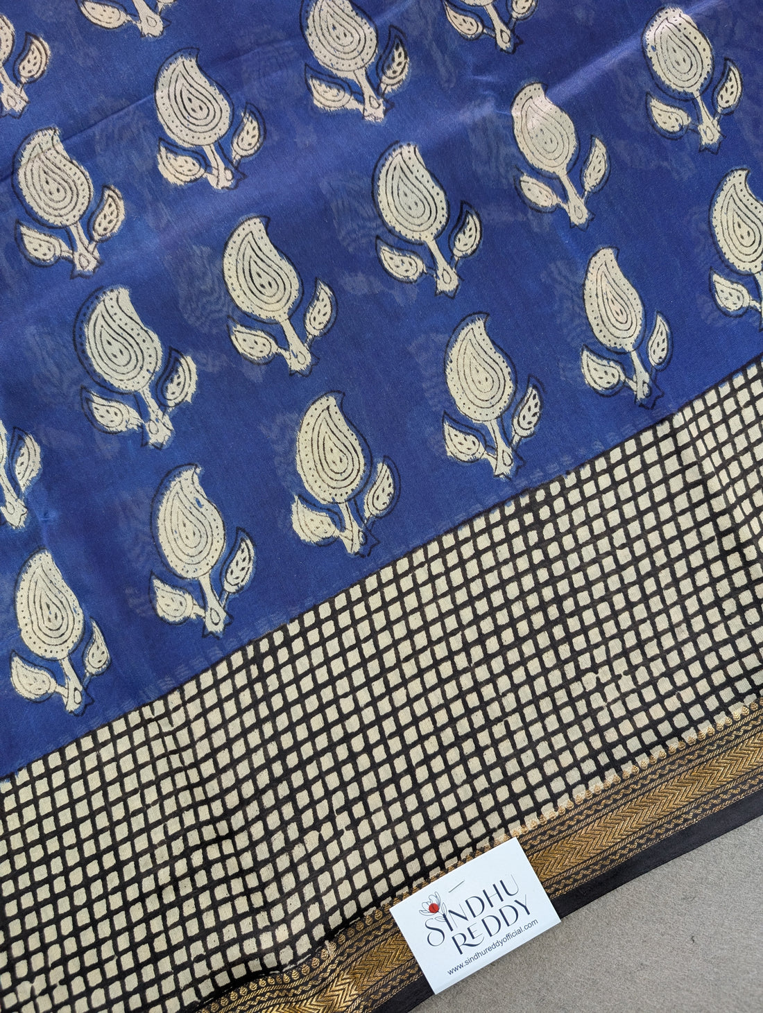 Hand Block Printed Maheshwari Silk - Blue w/t Black