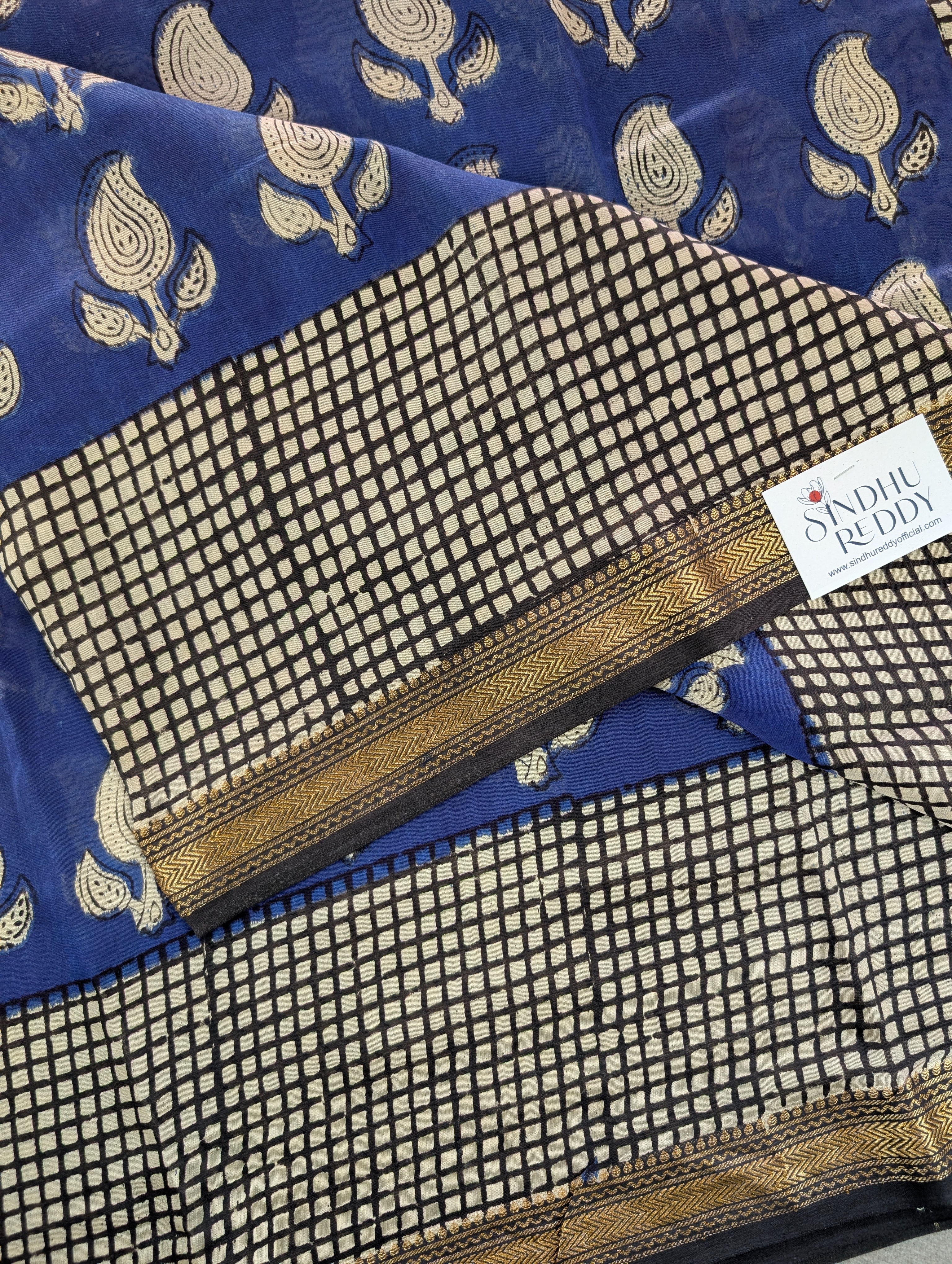 Hand Block Printed Maheshwari Silk - Blue w/t Black