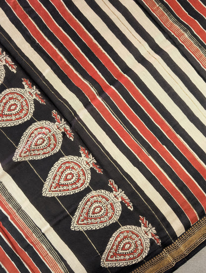 Hand Block Printed Maheshwari Silk - Black w/t Red