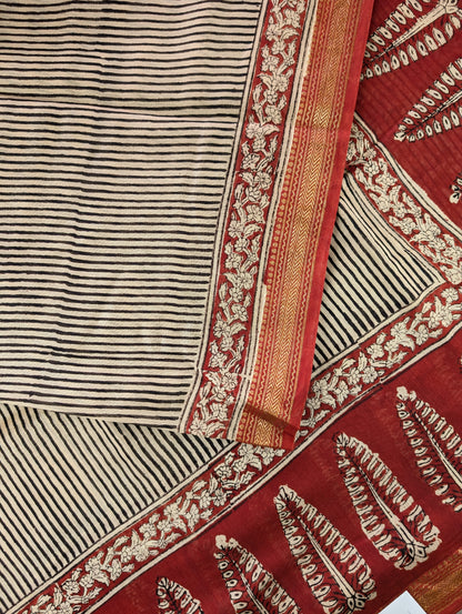 Hand Block Printed Maheshwari Silk - Black w/t Red