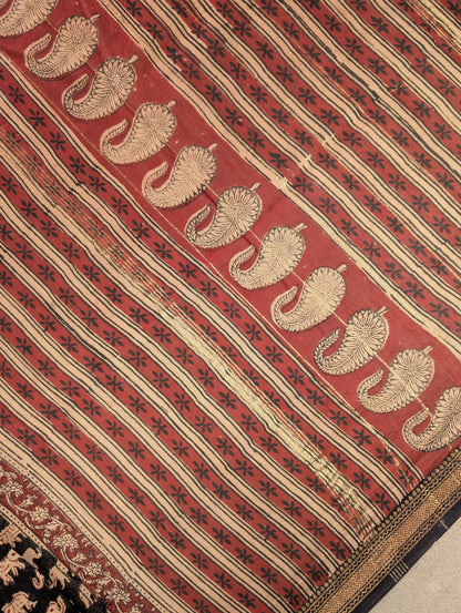 Hand Block Printed Maheshwari Silk - Black w/t Red