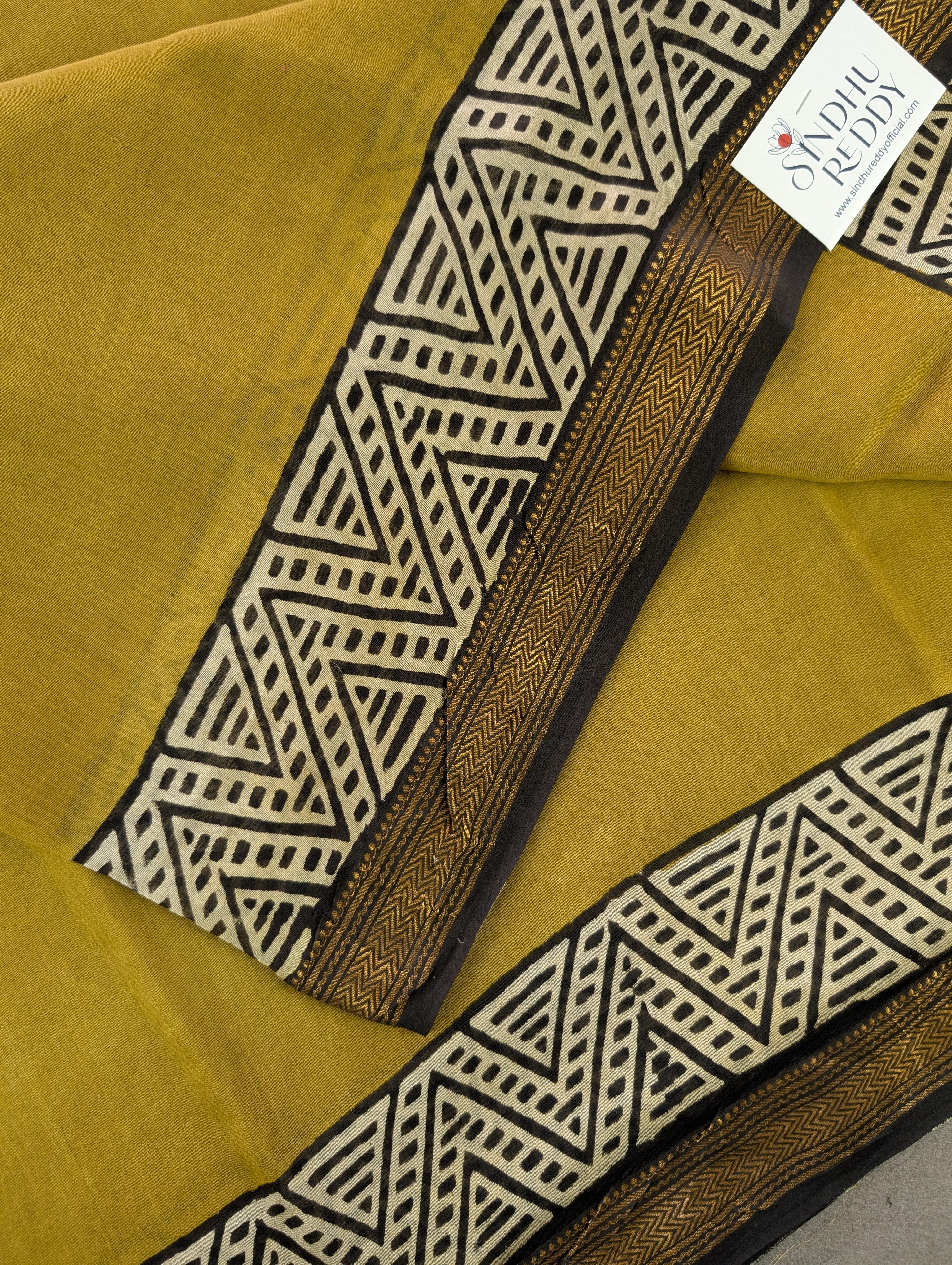 Hand Block Printed Maheshwari Silk - Yellow w/t Black