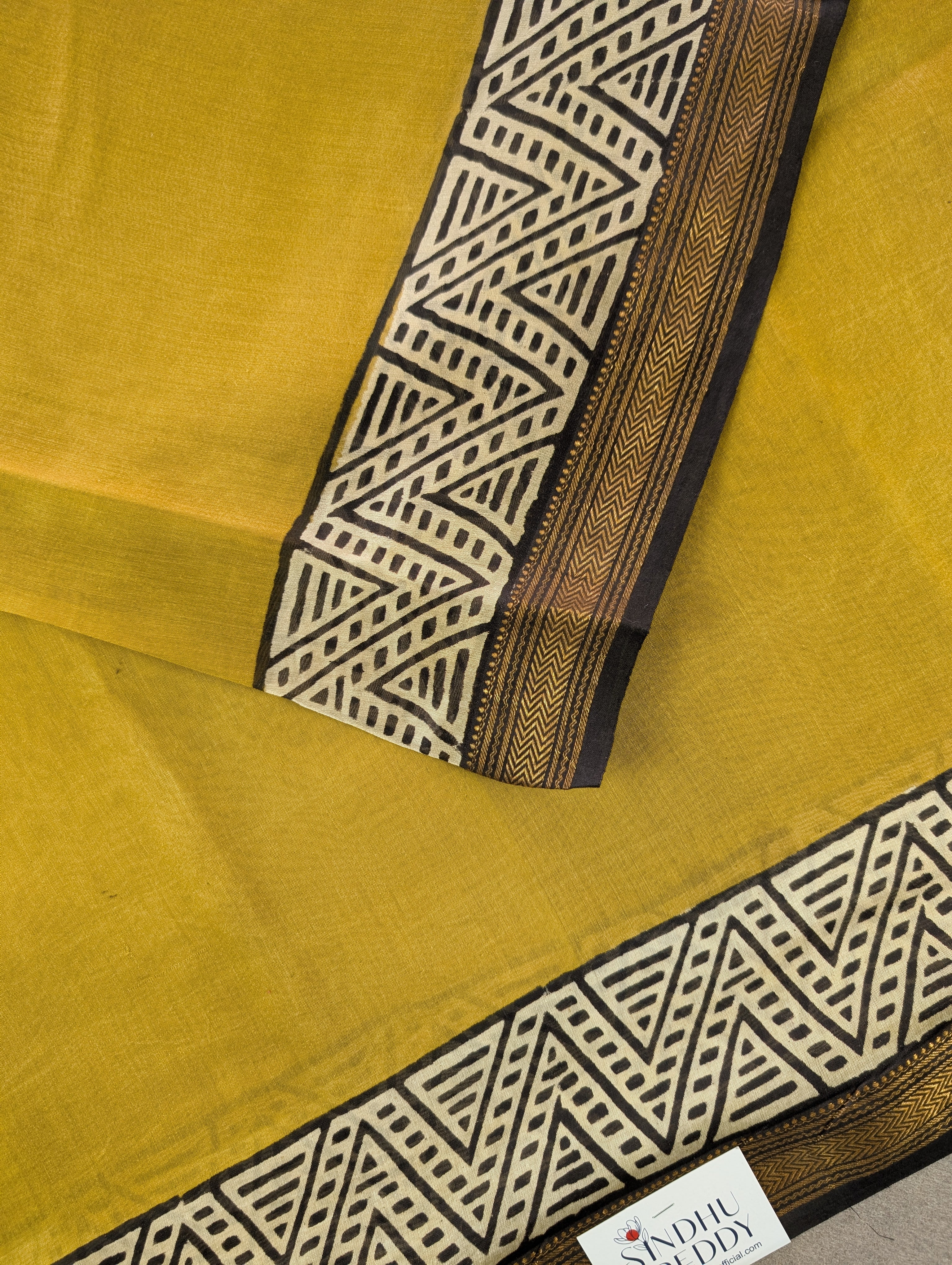 Hand Block Printed Maheshwari Silk - Yellow w/t Black