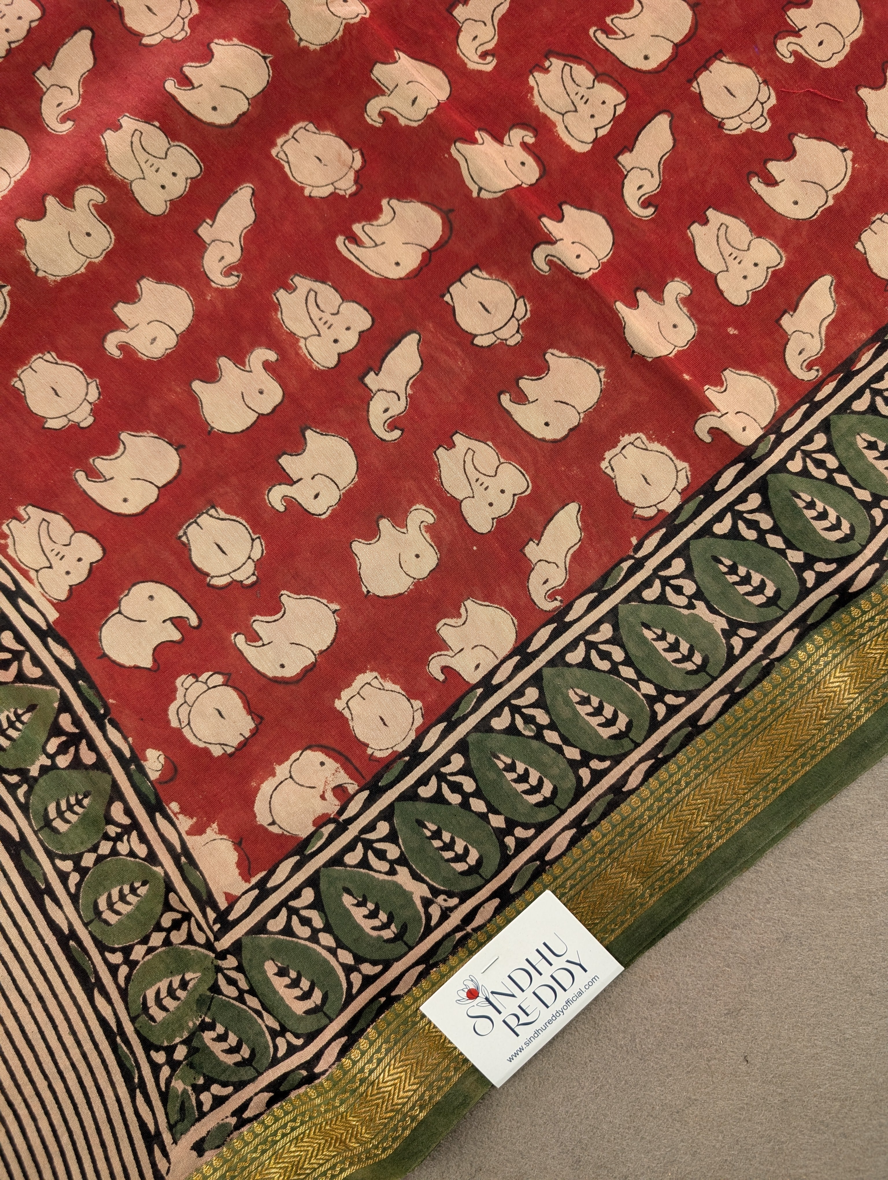 Hand Block Printed Maheshwari Silk - Red w/t Green