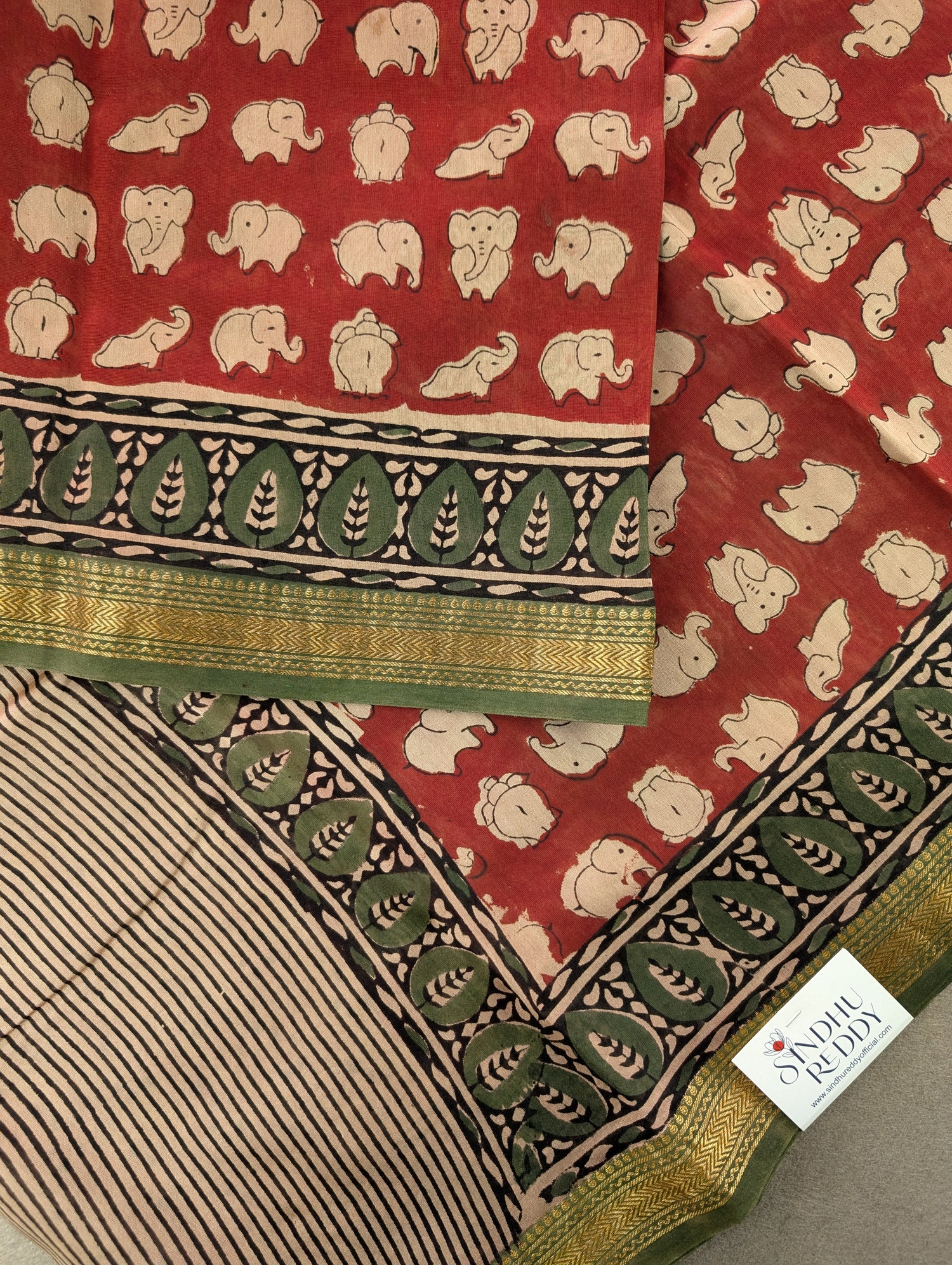 Hand Block Printed Maheshwari Silk - Red w/t Green