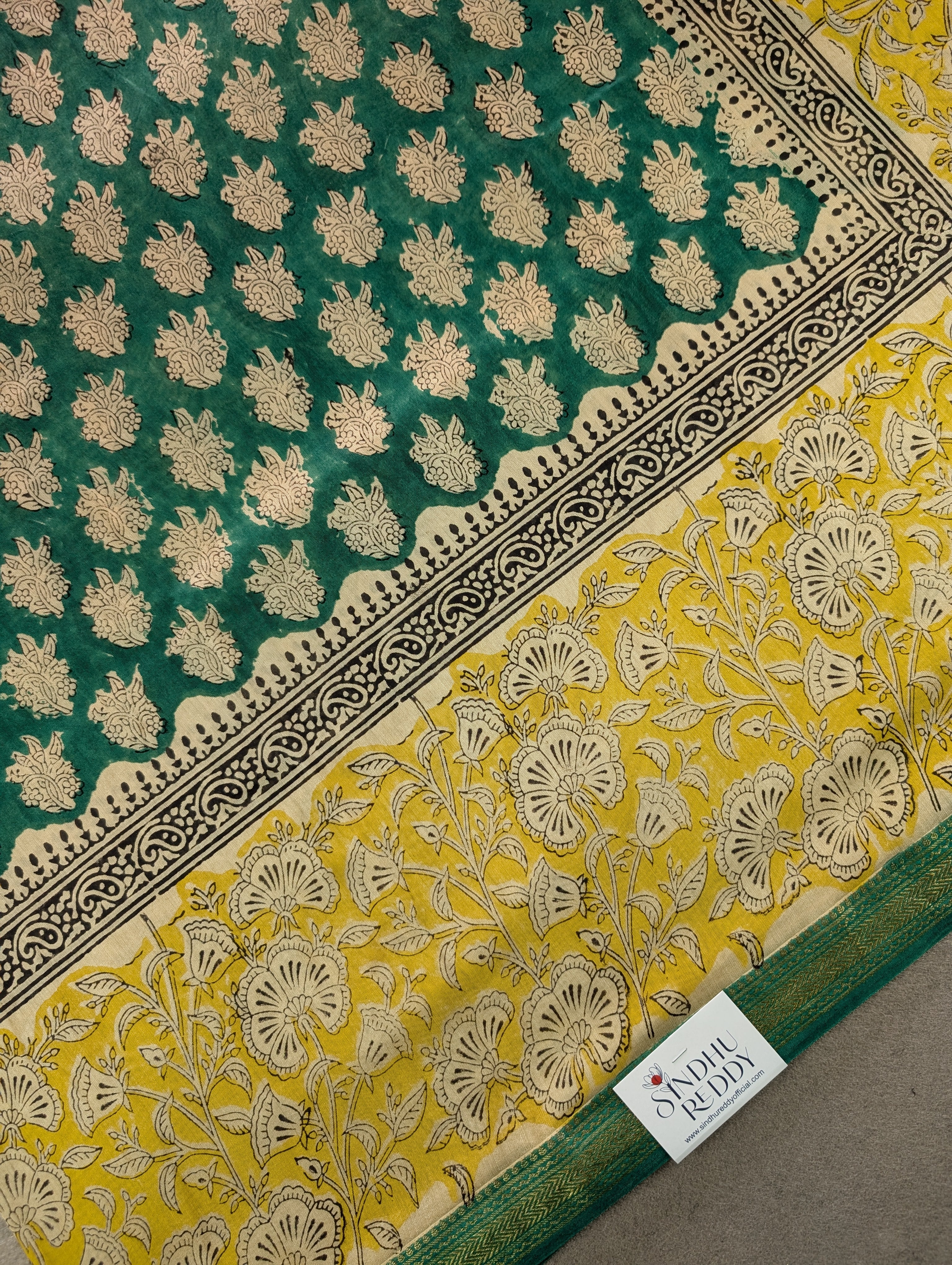 Hand Block Printed Maheshwari Silk - Yellow w/t Green