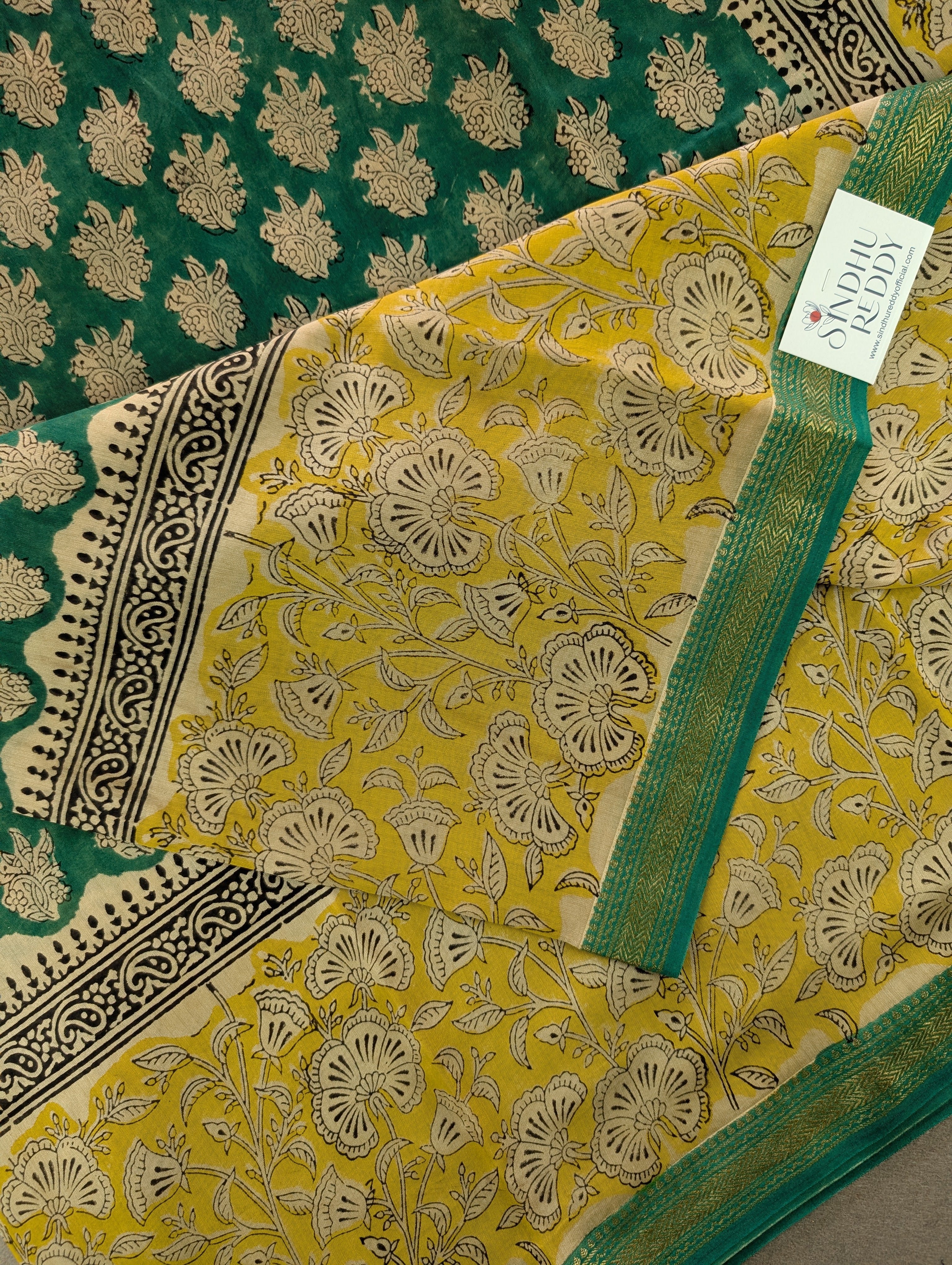 Hand Block Printed Maheshwari Silk - Yellow w/t Green