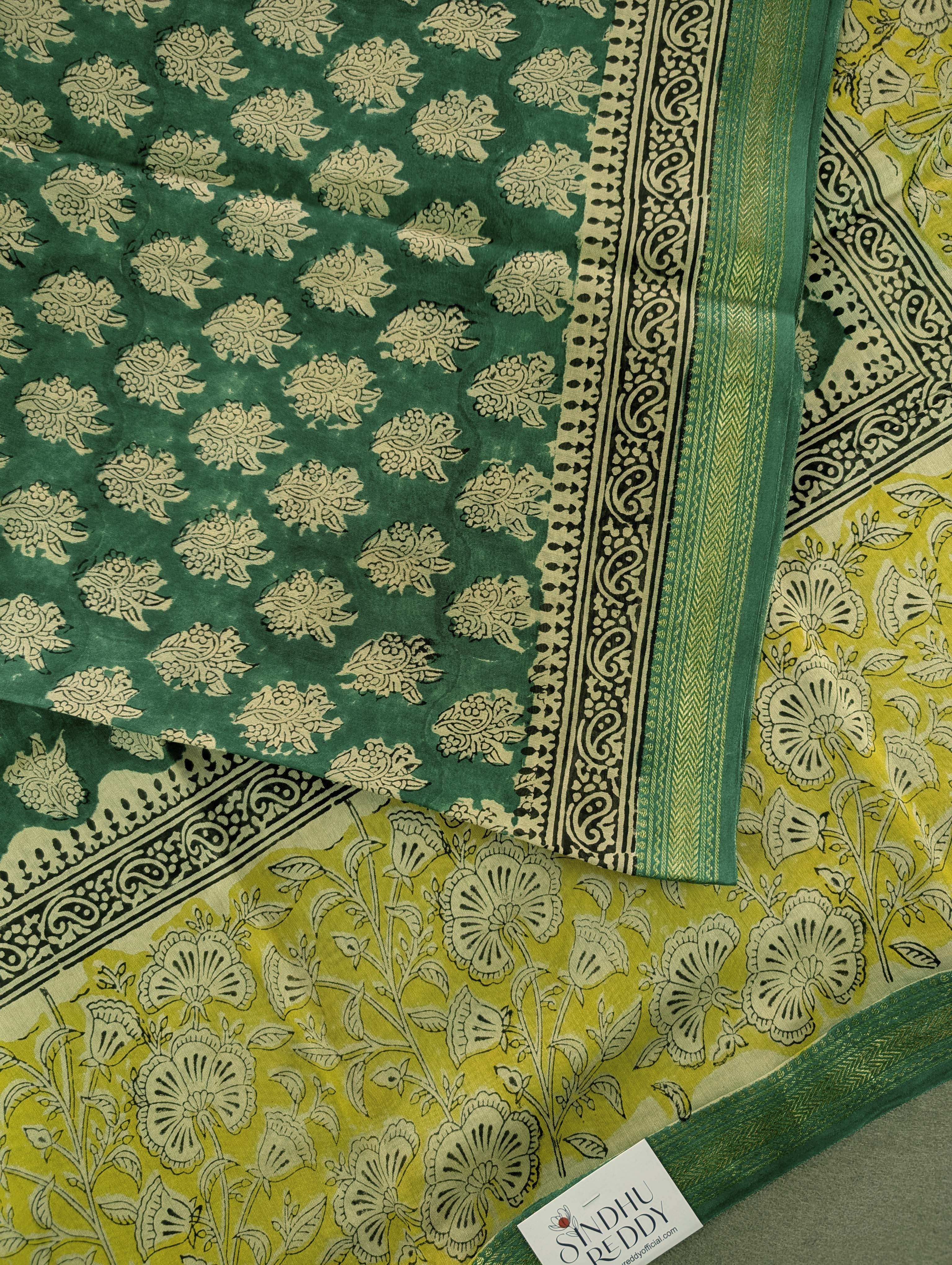 Hand Block Printed Maheshwari Silk - Yellow w/t Green