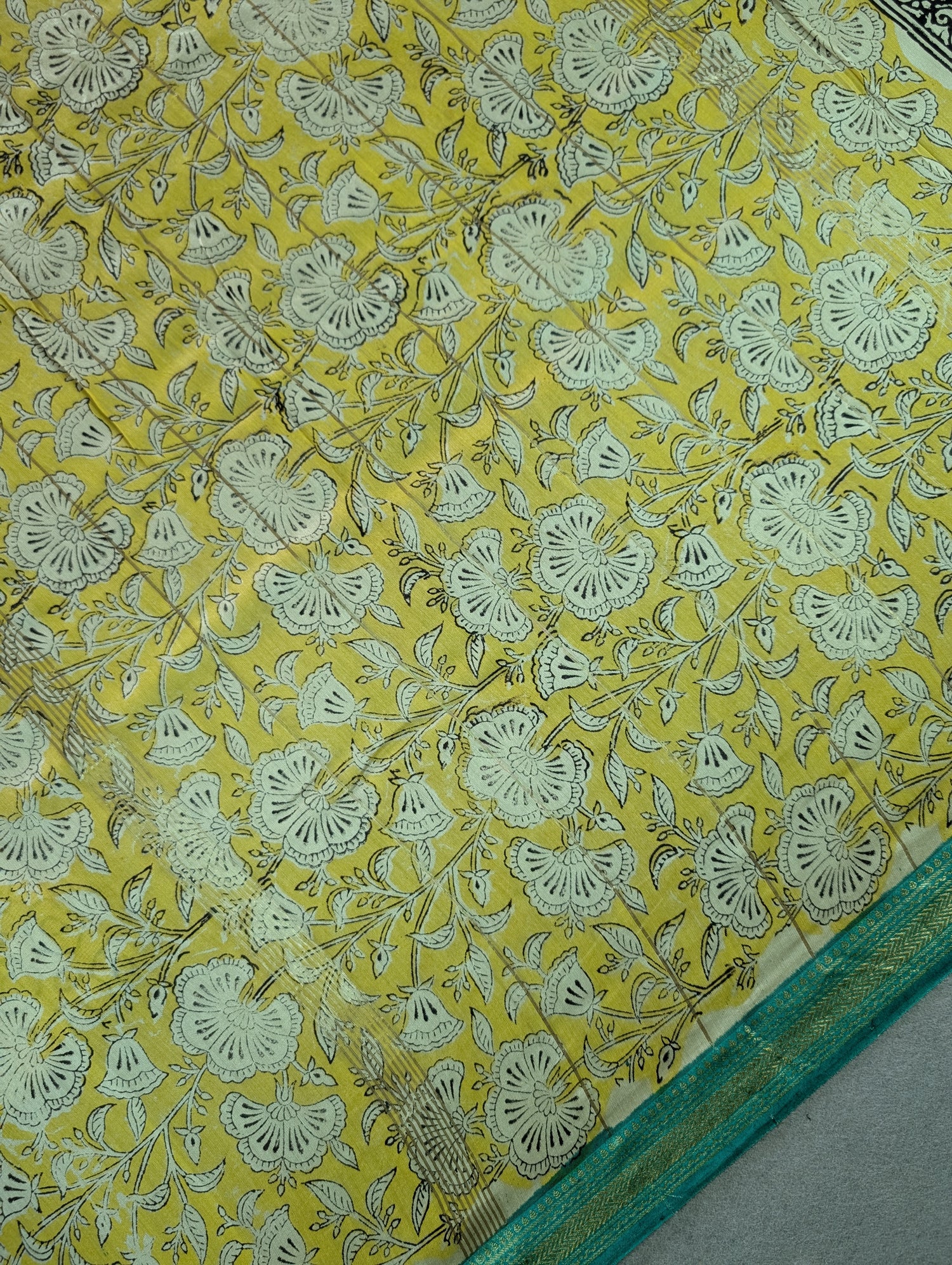 Hand Block Printed Maheshwari Silk - Yellow w/t Green