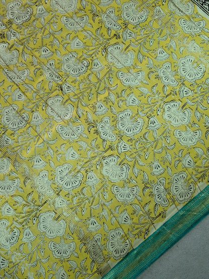 Hand Block Printed Maheshwari Silk - Yellow w/t Green