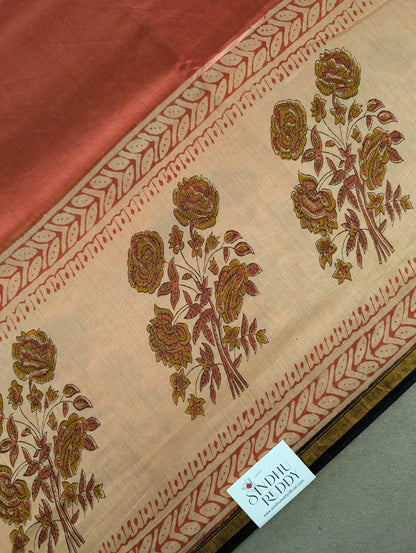 Hand Block Printed Maheshwari Silk - Red w/t Beige