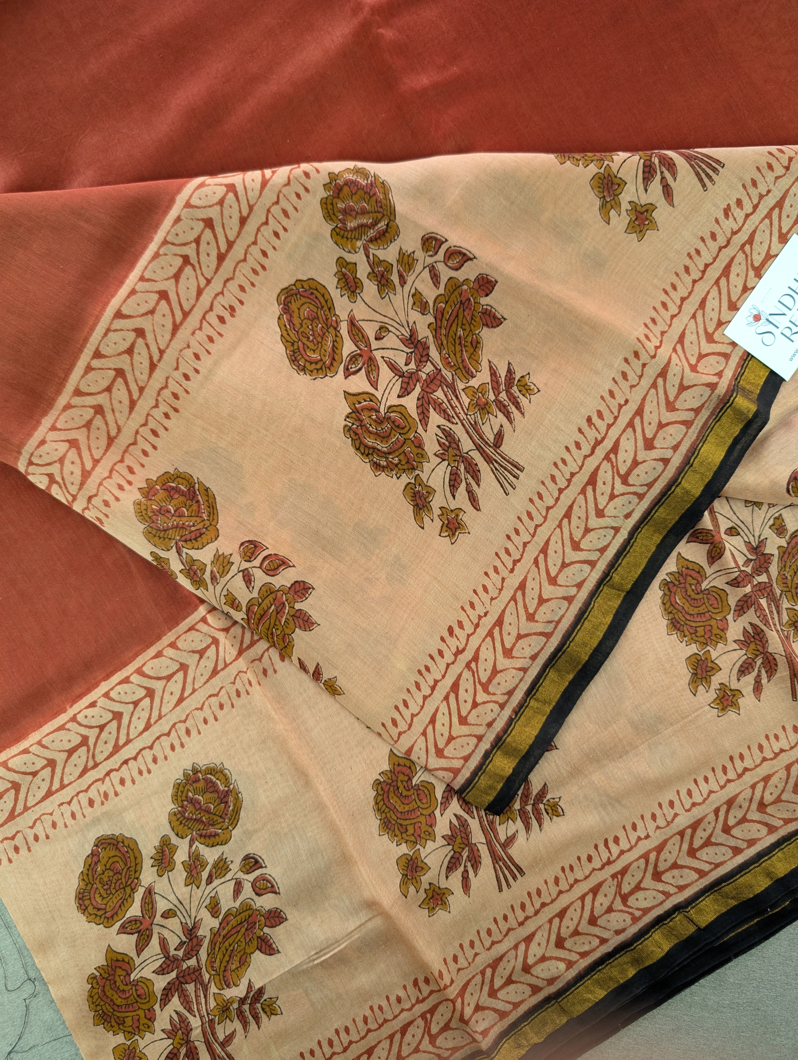 Hand Block Printed Maheshwari Silk - Red w/t Beige