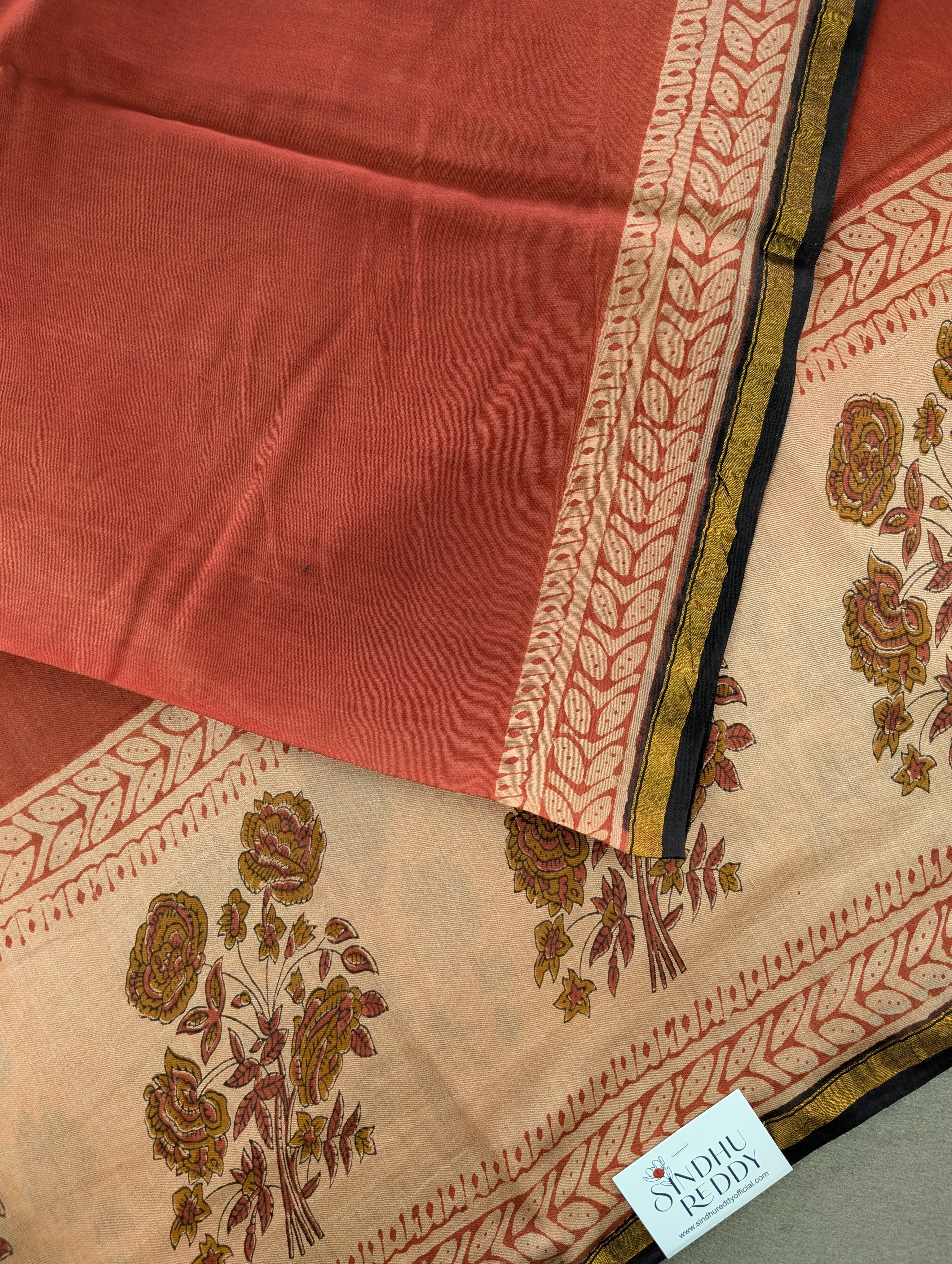 Hand Block Printed Maheshwari Silk - Red w/t Beige