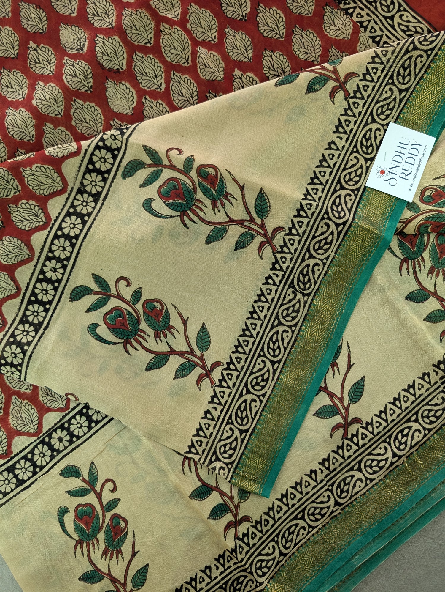 Hand Block Printed Maheshwari Silk - Red w/t Green