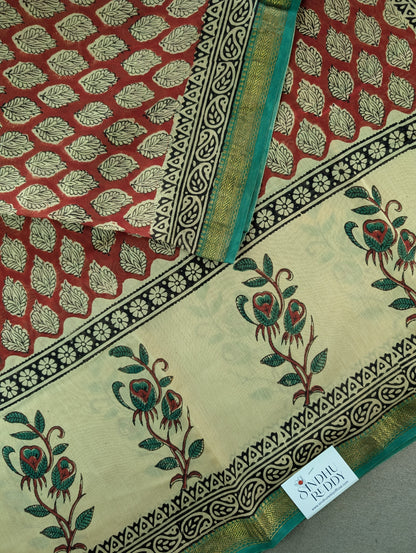 Hand Block Printed Maheshwari Silk - Red w/t Green